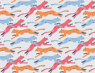 Seamless pattern design with leopard running on gray background illustration vector.