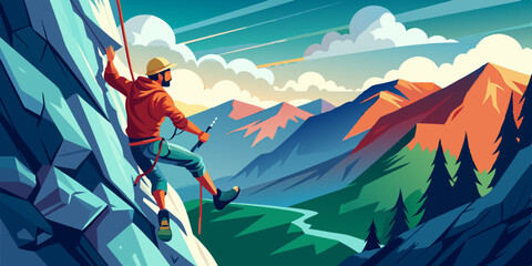 Rock climbing. A male climber climbs a steep cliff against a mountain landscape. Extreme sport
