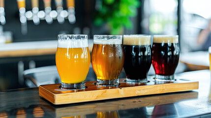  Craft beer flight with four different types of beer served on a wooden paddle, with tasting notes displayed beside it