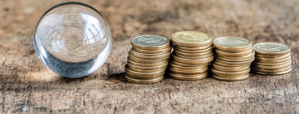 Poster reflective glass globe resting on a stack of coins against a soft-lit white background