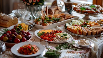 Obraz premium A lavish spread featuring a variety of dishes, fruits, and appetizers, set on an elegantly decorated table, offering a rich and inviting dining experience.
