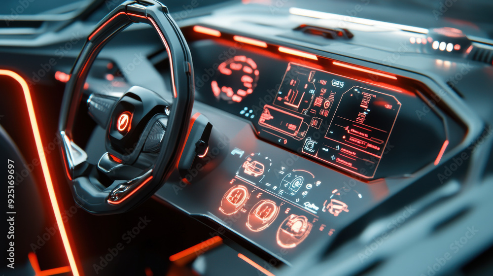 Poster digital dashboard and control interface of a futuristic concept car