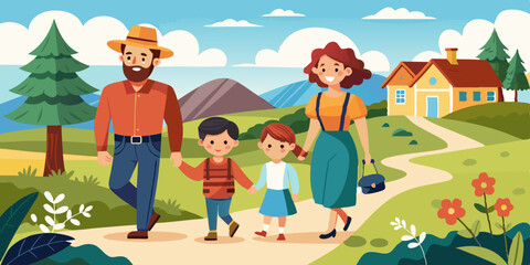 Happy family walks in nature. Mom, dad, daughter and son are actively resting in the village. Parents and children on the background of the summer landscape
