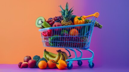 A blue shopping cart brimming with assorted fruits such as pineapples, bananas, grapes, and more against a brightly colored backdrop highlighting a diverse and healthy selection.