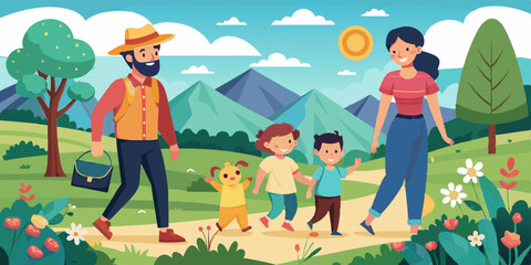 Happy family walks in nature. Mom, dad, daughter and son are actively resting in the village. Parents and children on the background of the summer landscape
