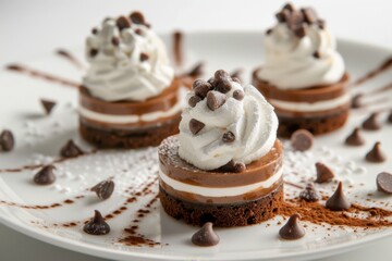 Three miniature chocolate desserts topped with whipped cream and chocolate chips are artistically plated, showcasing intricate layers and textures for a delectable presentation.