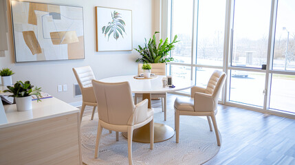 an elegant and orderly nutritionist office, featuring a spacious layout with a minimalist desk setup