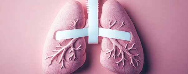 Abstract lungs with a central white ribbon forming the bronchi, modern and clean design, Lung Cancer Symbol, Awareness emblem