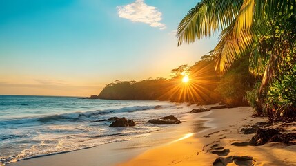 Latin American Sunset Beach with Mayan Art Elements, Spanish Heritage Charm, Serene Scene Illustration