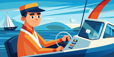 Boat trip. Recreation. The man controls the boat. Vector illustr
