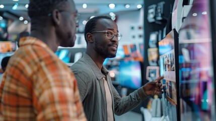 Two young men discuss various technology displays, sharing thoughts and ideas in a contemporary electronics store filled with vibrant screens