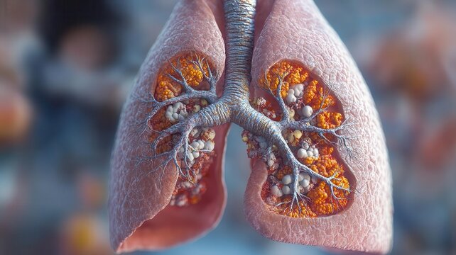 Detailed 3D rendering of a lung with emphysema damage, showcasing collapsed alveoli and obstructed airways, medical visualization