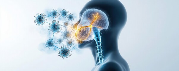 Illustration of a person inhaling toxic fumes, with microscopic views of lungs deteriorating due to environmental toxins, Toxic fumes, Lung cancer risk