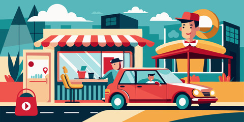 Drive thru. Man drives up to a fast food cafe and picks up his order. Vector illustration
