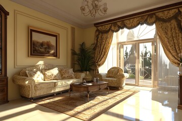 Elegant Living Room With Large Windows And A View Of Garden