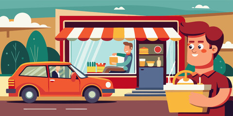 Drive thru. Man drives up to a fast food cafe and picks up his order. Vector illustration
