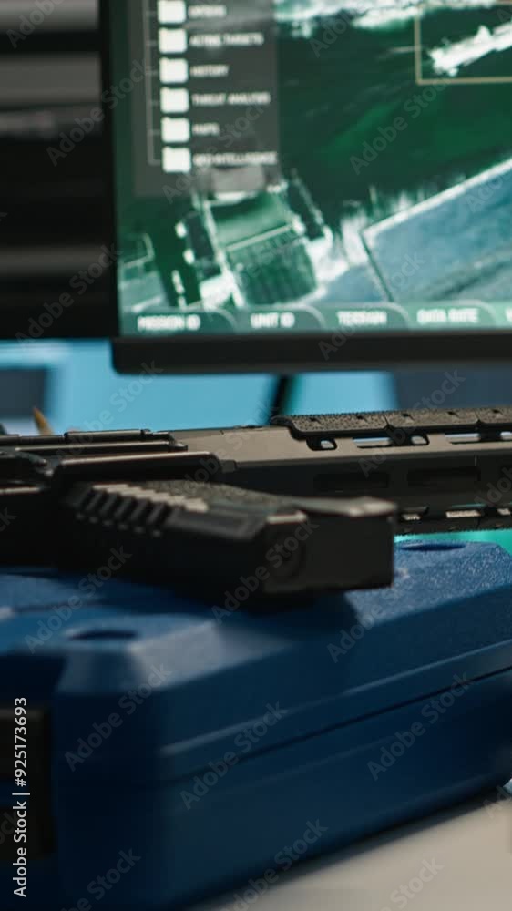 Poster vertical video weapons on table in empty control center housing operational missile defense system d
