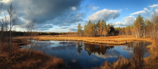 Fototapeta premium Tranquil Autumnal Landscape With a Serene Pond