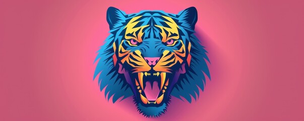 Colorful roaring tiger illustration featuring blue and yellow shades on a pink background