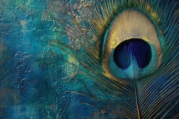 Obraz premium A close-up of a vibrant peacock feather against a textured blue background