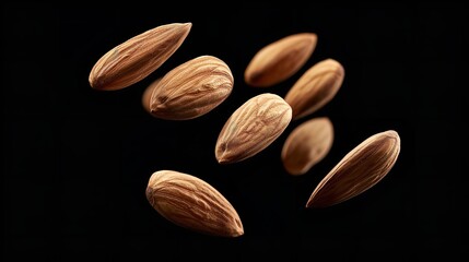 Obraz premium A single, isolated flying almond with a clipping path on a dark background, Generative AI.