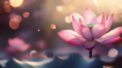 A pink lotus flower blossoms in a serene pond as soft sunlight glimmers on the water, creating a peaceful atmosphere.