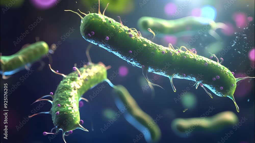 Poster colorful microscopic bacteria float in a dynamic environment, showcasing their unique shapes and vib