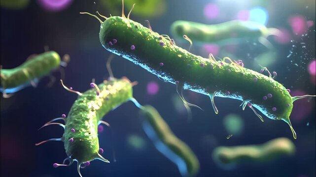 Colorful microscopic bacteria float in a dynamic environment, showcasing their unique shapes and vibrant details against a soft blue background