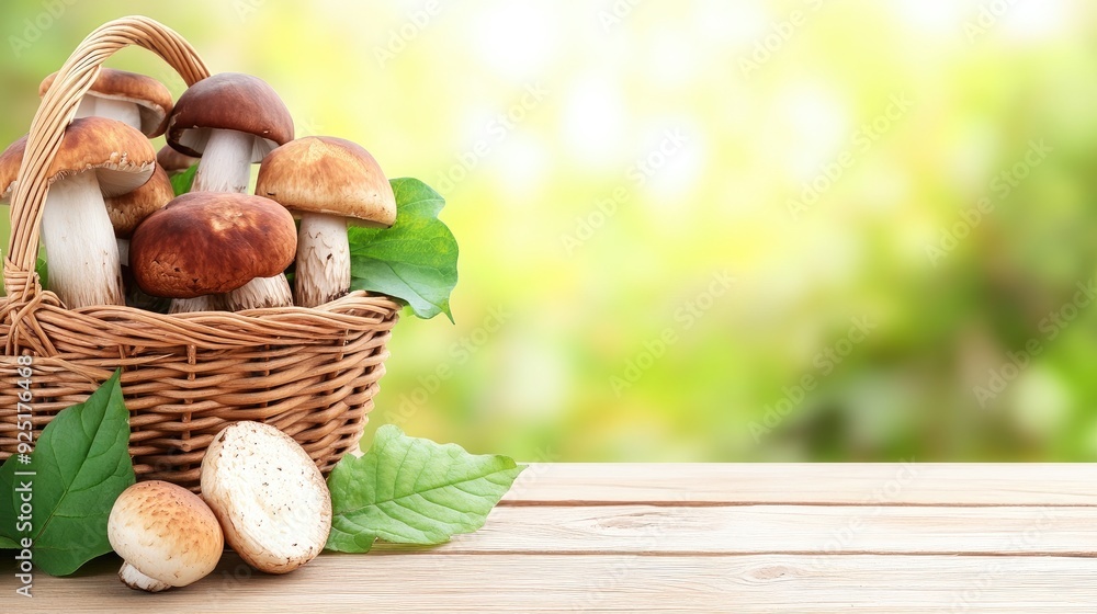 Poster a rustic basket overflowing with wild mushrooms on a wooden table in a softly lit setting