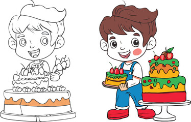 coloring page simple drawing of cartoon character in the cake shop, coloring book 