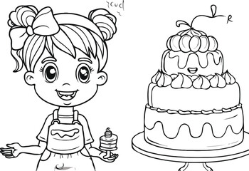 coloring page simple drawing of cartoon character in the cake shop, coloring book 