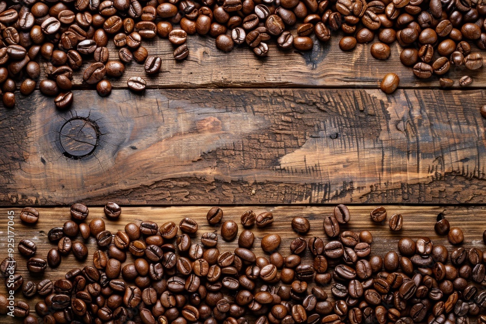 Poster roasted coffee beans forming a frame on a rustic wooden table with copy space for your text