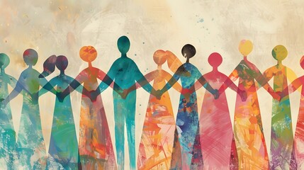 Illustration of Multicultural Unity and Teamwork with Diverse Group Holding Hands in Harmony