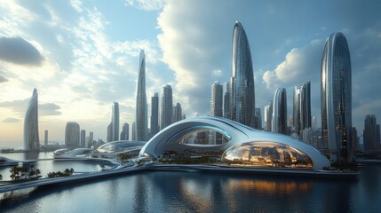 Obraz premium Futuristic Cityscape at Sunset