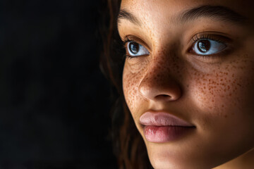 Close-up portrait of a young African American woman with dark brown eyes, dark blonde hair, and freckles