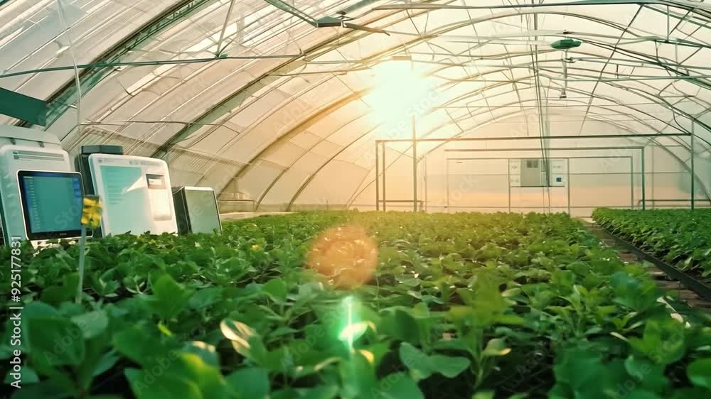 Poster Sunlight streams through a greenhouse, illuminating vibrant plants growing in neat rows, creating a warm and nurturing atmosphere.