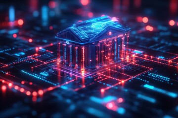 futuristic banking interface with neon icons representing secure transactions biometric scanning and data encryption floating in a sleek digital space