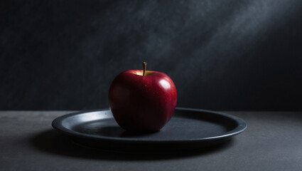 Red apple in dark and moody still life scene with dark plate and background