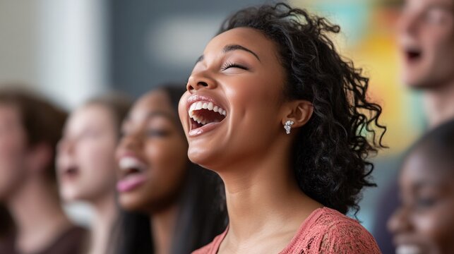 A choir director passionately leading a group of diverse singers in a rehearsal, with an emphasis on their facial expressions and engagement