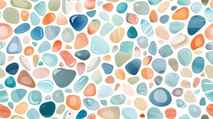 Seamless pattern of pastel-colored sea glass in various shapes and sizes. Soft and soothing design perfect for coastal themes.