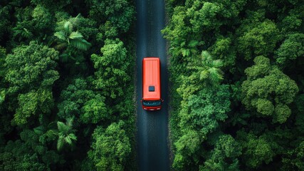 Top view of a red bus on a jungle forest road, captured in a minimalistic and professional style. Perfect for cinema photography, travel, and relaxation concepts.