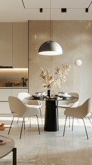A well-decorated dining space features a sleek round table, stylish chairs, and tasteful floral arrangements, creating a cozy yet sophisticated ambiance