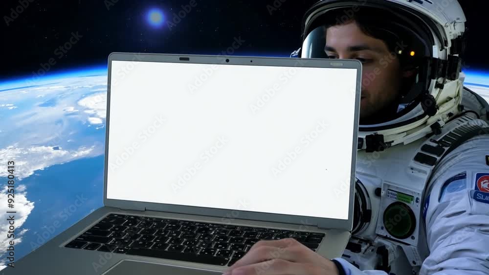 Poster astronaut working with a laptop in space against earth backdrop generative ai