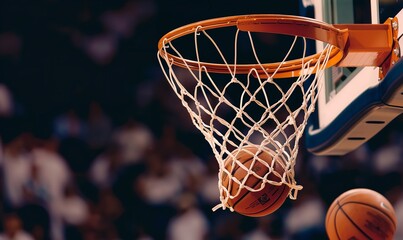 Fototapeta premium Close-up sports photos of a basketball shooting into the hoop during a game, Generative AI.
