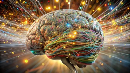 digital brain illuminated with streams of colorful data