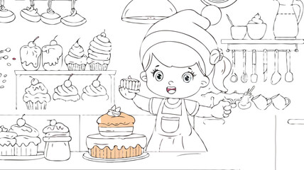 coloring page simple drawing of cartoon character in the cake shop, coloring book 