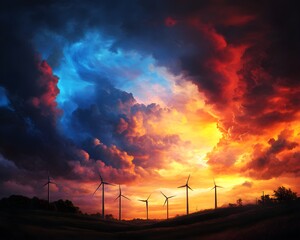 A vibrant sunset over wind turbines, showcasing dramatic clouds in hues of blue, orange, and red, perfect for nature lovers.