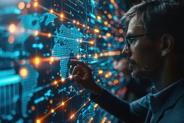 An individual pointing at a vibrant world map on a large digital display screen, depicting interaction with global data and technology in a sophisticated, modern setting.