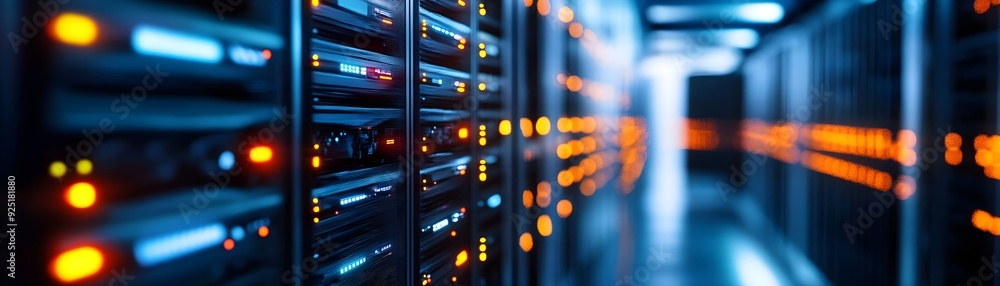 Poster close-up view of a modern data center with illuminated servers and vibrant led lights, showcasing te