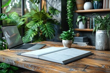 White spiral notebook mockup, cover page, next to a laptop
